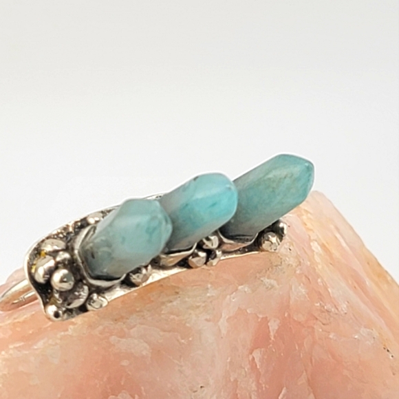 3 SPIKES AQUAMARINE DOUBLE RING BAND HANDMADE IN STERLING SILVER METAL 8.5 & 7.5 - Picture 11 of 11